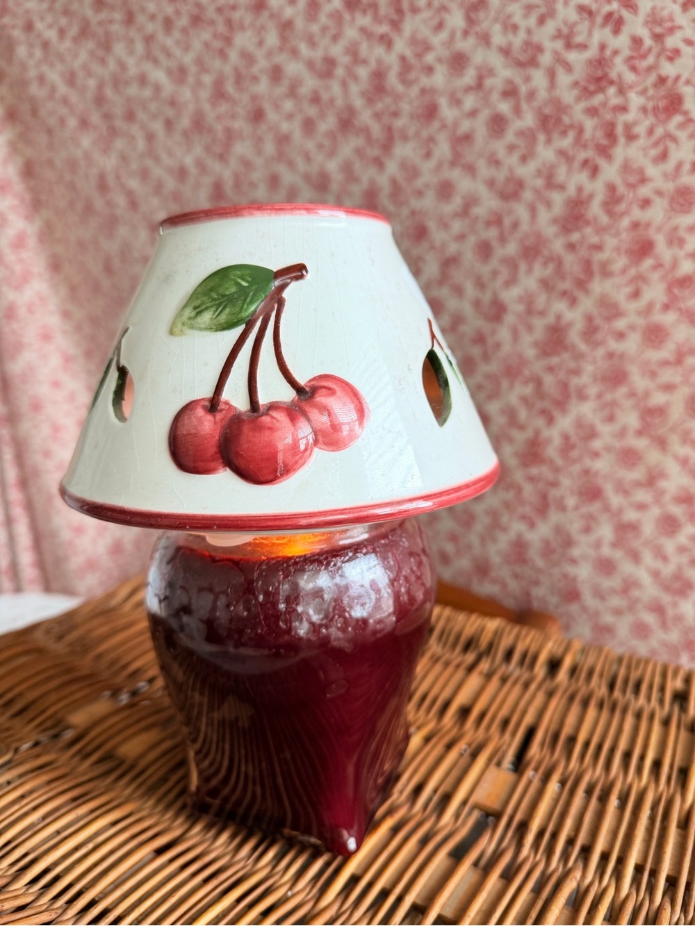 Vintage 90s Cherry Motif Ceramic Candle - Red & White